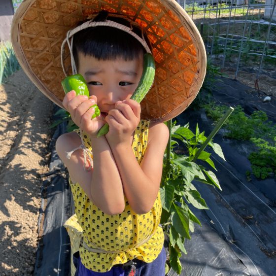 夏野菜を両手に、傘を被った男の子